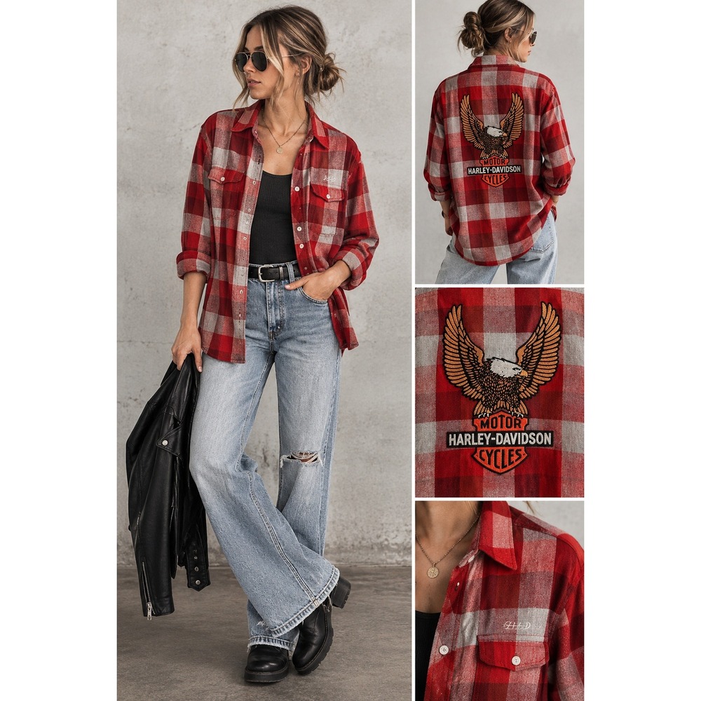 Harley-Davidson Red Plaid Flannel Eagle Graphic Button Down Shirt XL Unisex